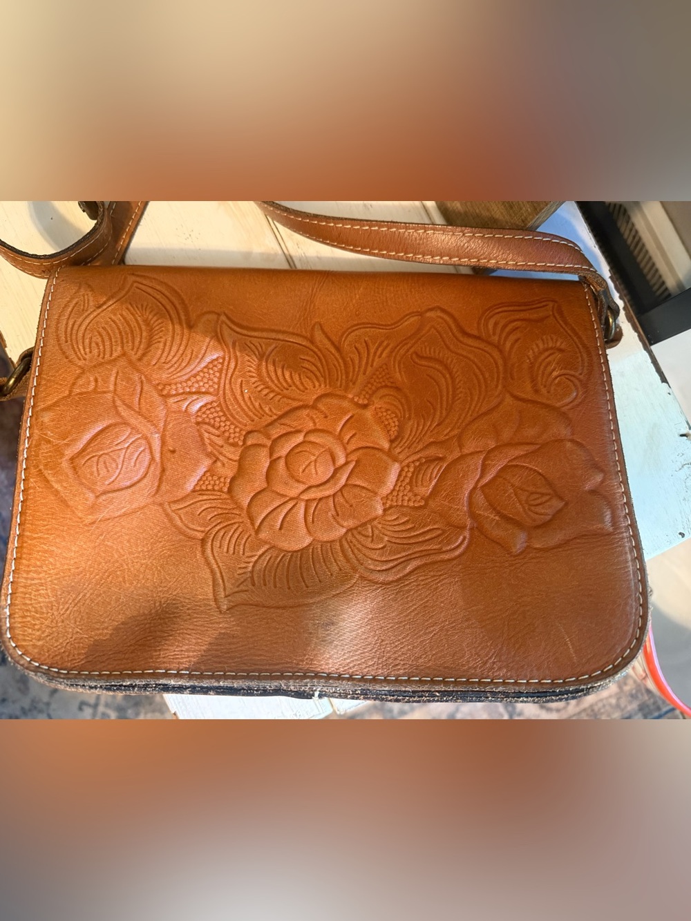 Patricia Nash Tan Crossbody Bag with Embossed Floral Design